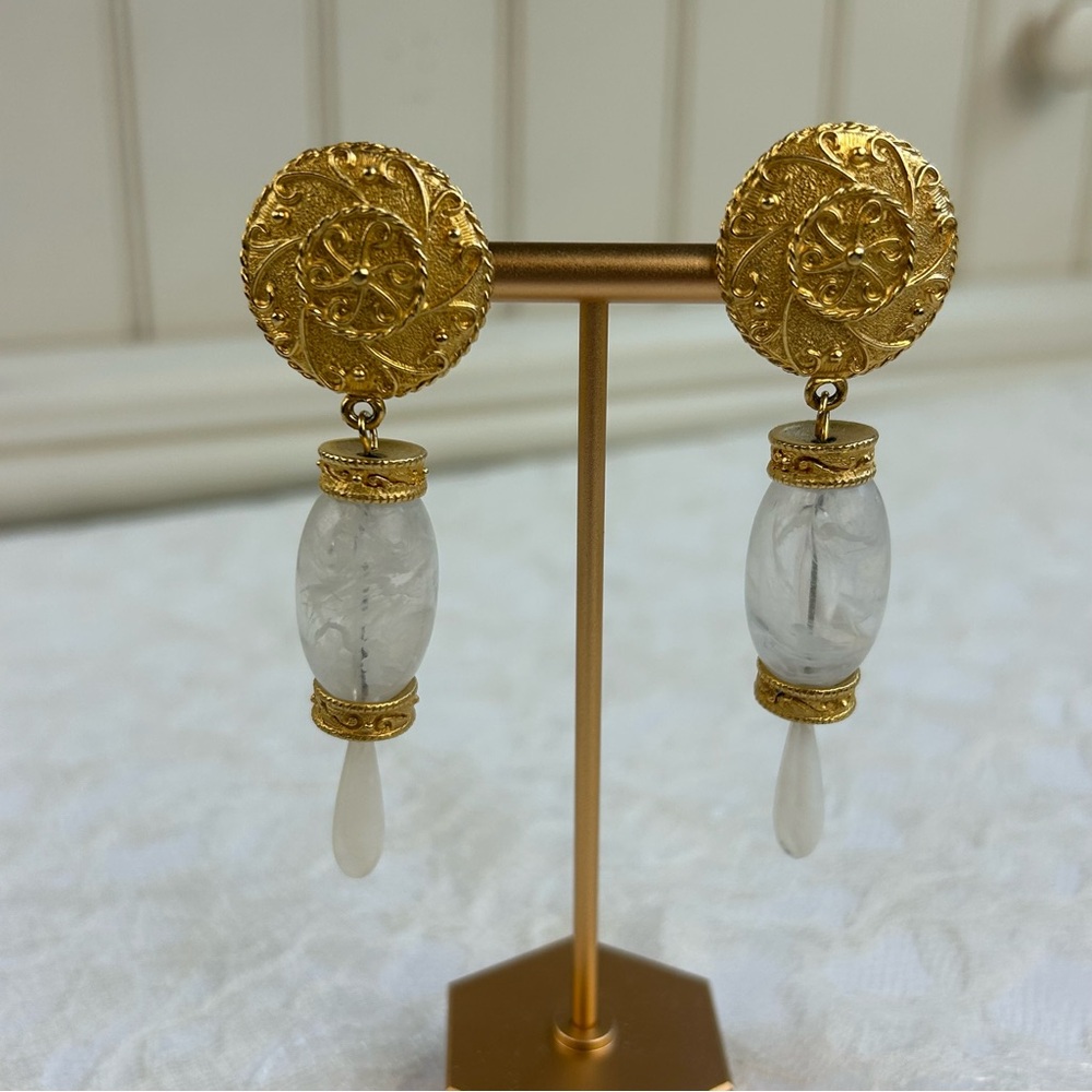 Vintage 1992 Dangly Clip On Gold Earrings from Greece Glamcore Quiet Luxury